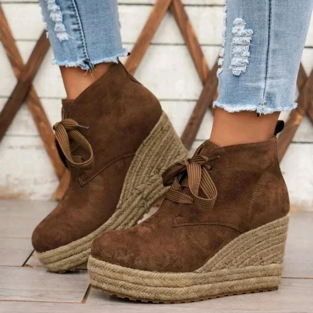 Women's Fashion Platform Boots With Solid Color Woven Shoelaces, All-Match And H - Picture 6 of 8